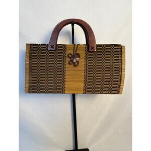 Vintage Woven Bamboo Wood Tote Bag Structured Wooden Handles Boho